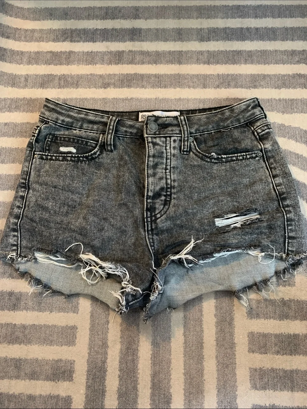 High-Rise Distressed Denim Shorts - Washed Black